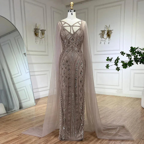 Robe de soirée élégante style sirène, style arabe, luxueuse, lilas, avec châle, perles et perles, pour femme, modèle LA72186, 2025 