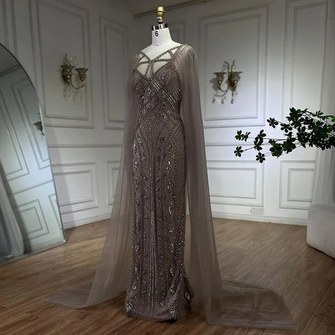 Robe de soirée élégante style sirène, style arabe, luxueuse, lilas, avec châle, perles et perles, pour femme, modèle LA72186, 2025 