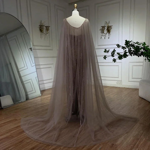 Robe de soirée élégante style sirène, style arabe, luxueuse, lilas, avec châle, perles et perles, pour femme, modèle LA72186, 2025 