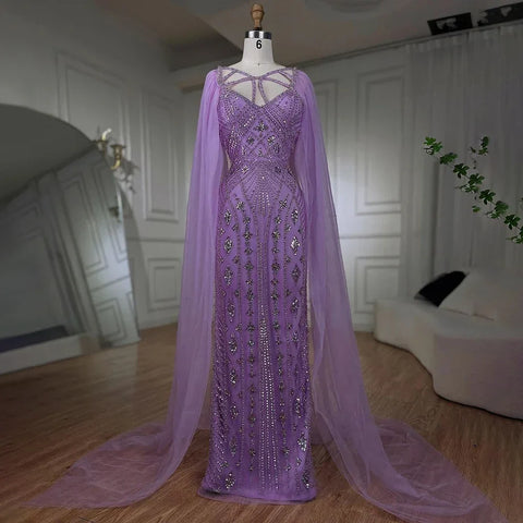 Robe de soirée élégante style sirène, style arabe, luxueuse, lilas, avec châle, perles et perles, pour femme, modèle LA72186, 2025 