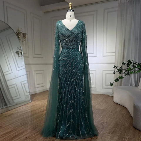 Robe de soirée élégante style sirène arabe bleue, avec perles, manches cape, luxueuse, pour femme, tenue de mariage, 2025, LA71493A 