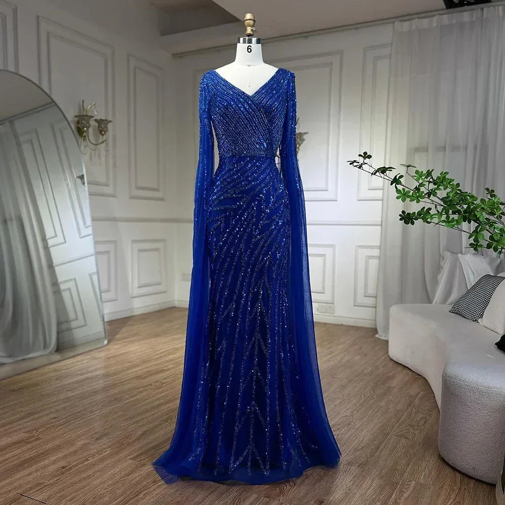 Vestido de noche de lujo estilo sirena árabe, azul con cuentas, elegante capa y mangas, para mujer, ideal para bodas y fiestas (2025) LA71493A 