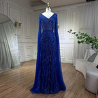 Vestido de noche de lujo estilo sirena árabe, azul con cuentas, elegante capa y mangas, para mujer, ideal para bodas y fiestas (2025) LA71493A 