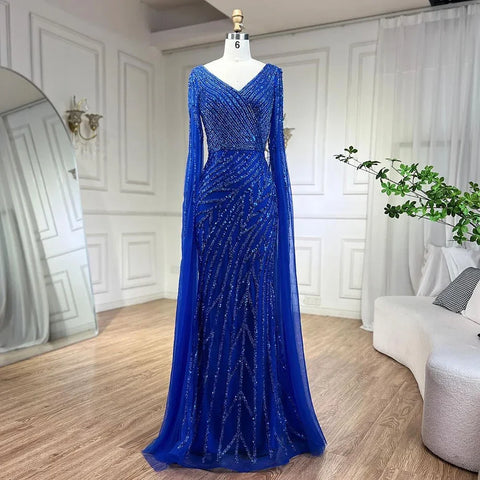 Robe de soirée élégante style sirène arabe bleue, avec perles, manches cape, luxueuse, pour femme, tenue de mariage, 2025, LA71493A 