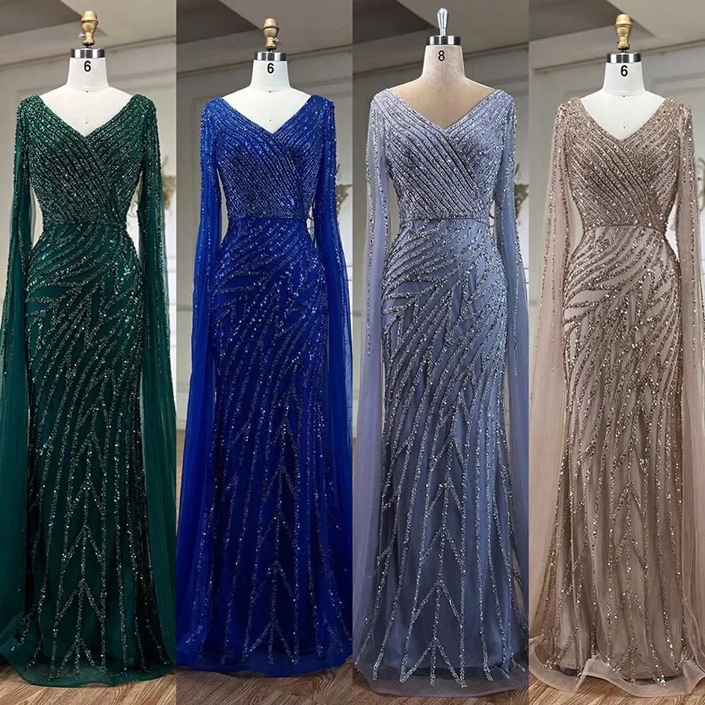 Vestido de noche de lujo estilo sirena árabe, azul con cuentas, elegante capa y mangas, para mujer, ideal para bodas y fiestas (2025) LA71493A 