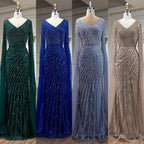 Vestido de noche de lujo estilo sirena árabe, azul con cuentas, elegante capa y mangas, para mujer, ideal para bodas y fiestas (2025) LA71493A 