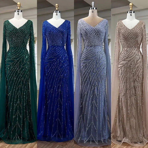 Robe de soirée élégante style sirène arabe bleue, avec perles, manches cape, luxueuse, pour femme, tenue de mariage, 2025, LA71493A 