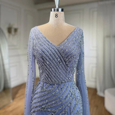 Robe de soirée élégante style sirène arabe bleue, avec perles, manches cape, luxueuse, pour femme, tenue de mariage, 2025, LA71493A 