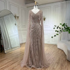 Vestido de noche de lujo estilo sirena árabe, azul con cuentas, elegante capa y mangas, para mujer, ideal para bodas y fiestas (2025) LA71493A 