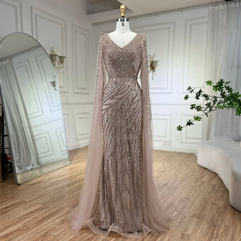 Robe de soirée élégante style sirène arabe bleue, avec perles, manches cape, luxueuse, pour femme, tenue de mariage, 2025, LA71493A 