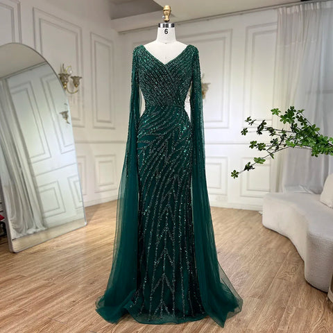 Robe de soirée élégante style sirène arabe bleue, avec perles, manches cape, luxueuse, pour femme, tenue de mariage, 2025, LA71493A 