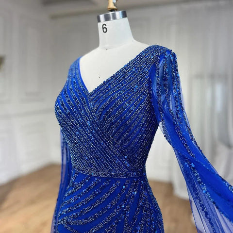 Robe de soirée élégante style sirène arabe bleue, avec perles, manches cape, luxueuse, pour femme, tenue de mariage, 2025, LA71493A 
