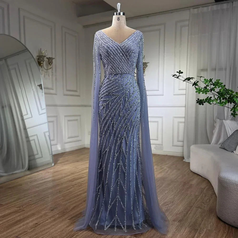 Vestido de noche de lujo estilo sirena árabe, azul con cuentas, elegante capa y mangas, para mujer, ideal para bodas y fiestas (2025) LA71493A 