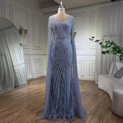 Robe de soirée élégante style sirène arabe bleue, avec perles, manches cape, luxueuse, pour femme, tenue de mariage, 2025, LA71493A 