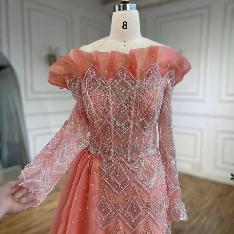 Vestidos de noche elegantes de sirena árabe color naranja, lujosos, con perlas y cuentas, para mujer, ideales para fiestas 2025 LA71649A 