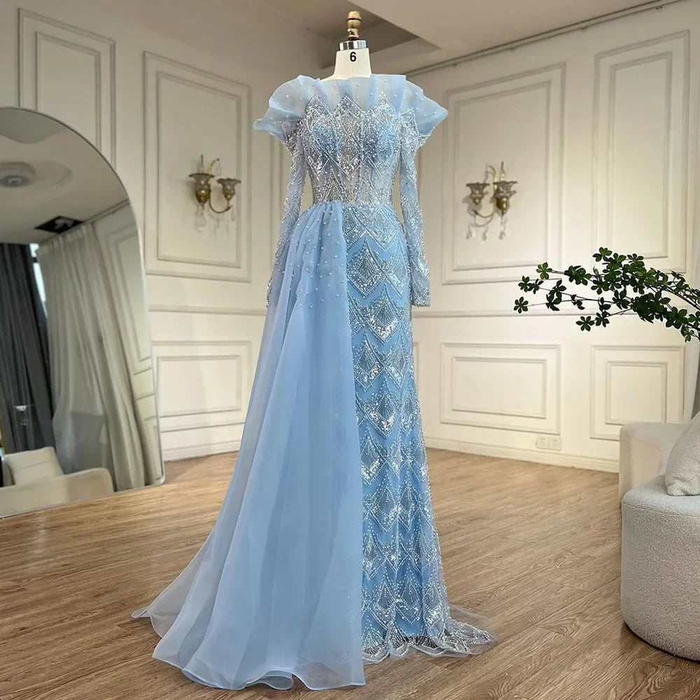 Vestidos de noche elegantes de sirena árabe color naranja, lujosos, con perlas y cuentas, para mujer, ideales para fiestas 2025 LA71649A 
