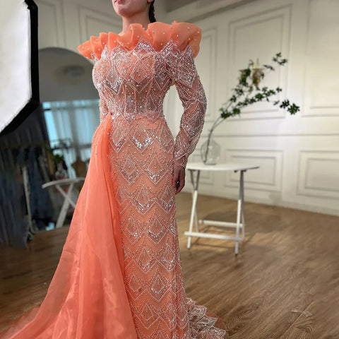 Vestidos de noche elegantes de sirena árabe color naranja, lujosos, con perlas y cuentas, para mujer, ideales para fiestas 2025 LA71649A 