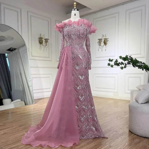 Vestidos de noche elegantes de sirena árabe color naranja, lujosos, con perlas y cuentas, para mujer, ideales para fiestas 2025 LA71649A 