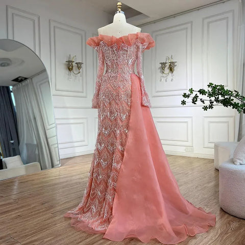 Vestidos de noche elegantes de sirena árabe color naranja, lujosos, con perlas y cuentas, para mujer, ideales para fiestas 2025 LA71649A 