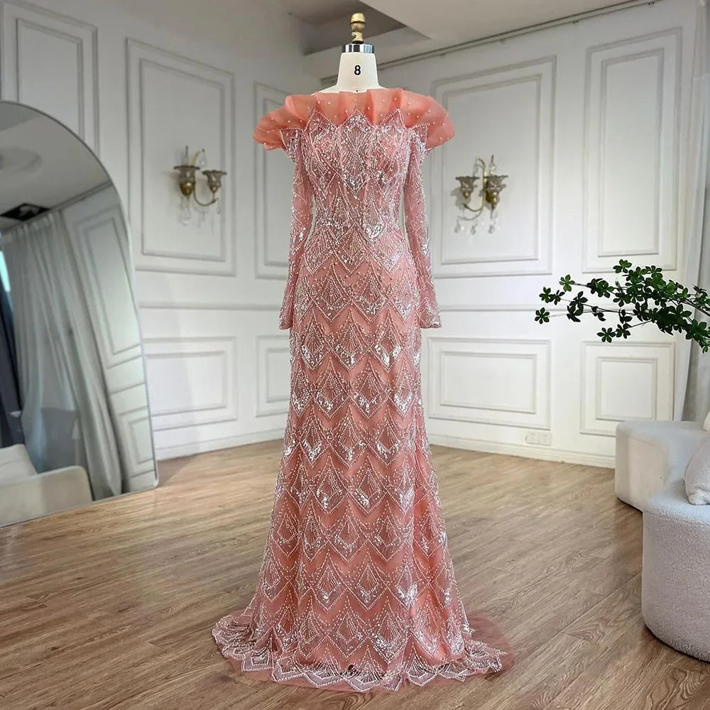 Arabic Mermaid Elegant Orange Luxury Evening Dresses Gowns Pearls Beaded For Women Party 2025 LA71649A