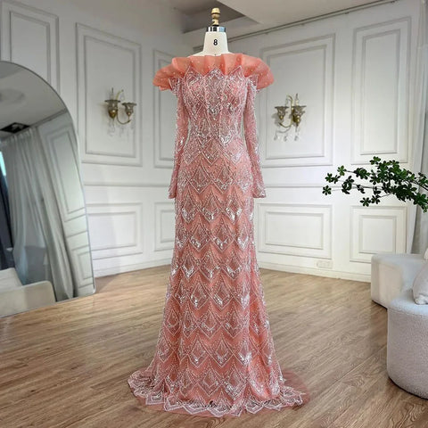 Vestidos de noche elegantes de sirena árabe color naranja, lujosos, con perlas y cuentas, para mujer, ideales para fiestas 2025 LA71649A 