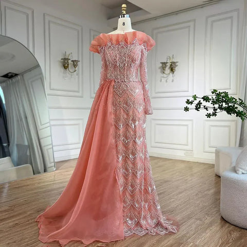 Vestidos de noche elegantes de sirena árabe color naranja, lujosos, con perlas y cuentas, para mujer, ideales para fiestas 2025 LA71649A 