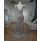 Robe de soirée sirène grise nude, col en V, élégante, avec plumes et perles, pour femme, idéale pour une fête de mariage, modèle LA72184, 2025 