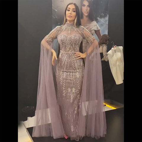 Robe de soirée élégante style sirène arabe violette, manches cape, perles, luxueuse, pour femme, mariage, LA72129, 2025 