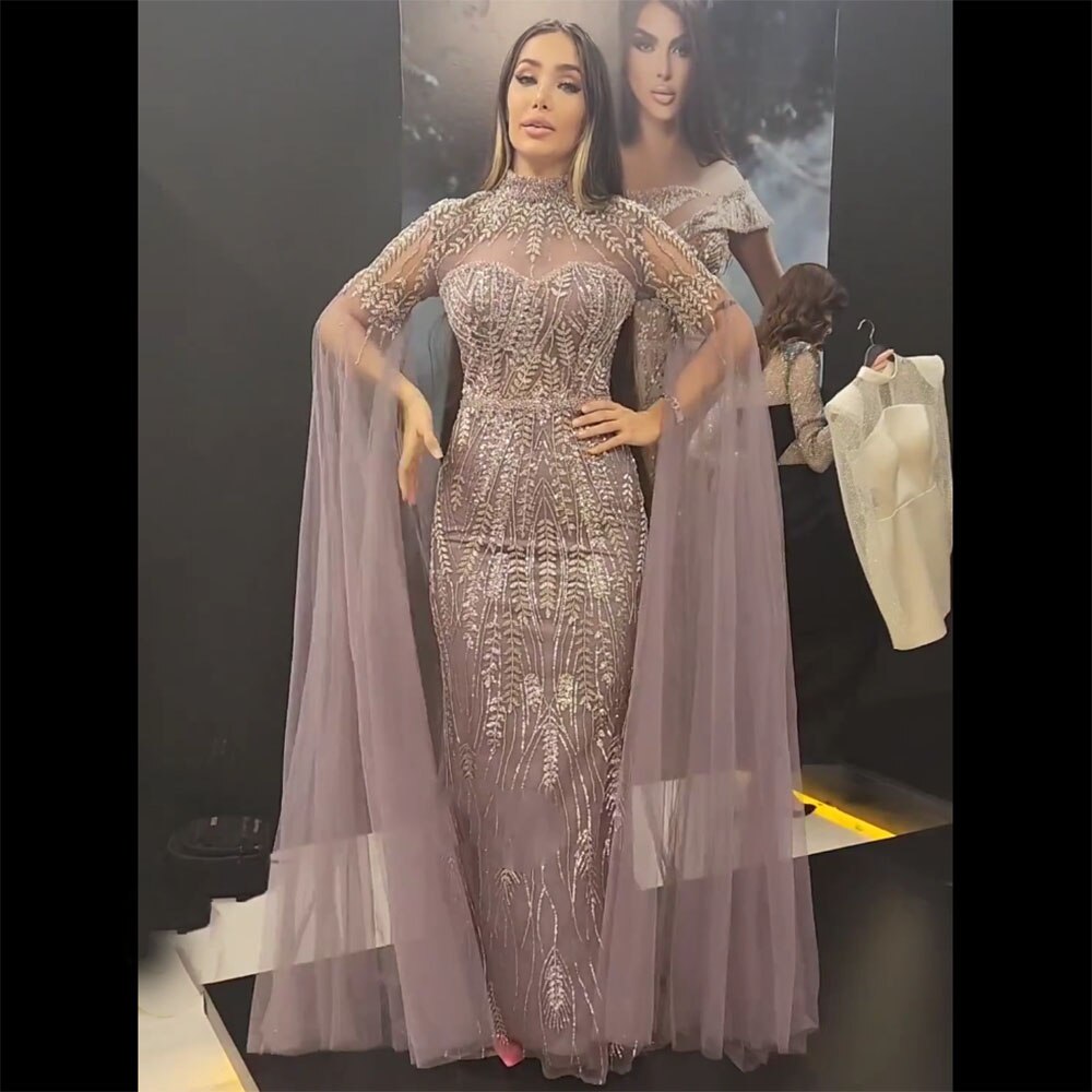 Arabic Mermaid Purple Cape Sleeves Elegant Beaded Evening Dresses Luxury Gowns 2025 For Women Wedding Party LA72129