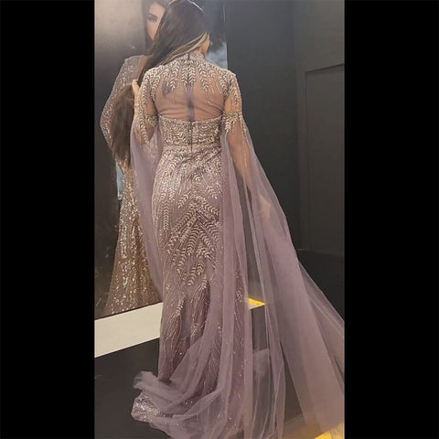 Robe de soirée élégante style sirène arabe violette, manches cape, perles, luxueuse, pour femme, mariage, LA72129, 2025 