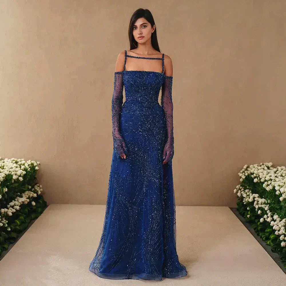 Robe de soirée longue bleu marine style arabe, coupe trapèze, bretelles spaghetti, perles, élégante, pour femme, 2025, LA72469 