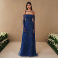 Robe de soirée longue bleu marine style arabe, coupe trapèze, bretelles spaghetti, perles, élégante, pour femme, 2025, LA72469 