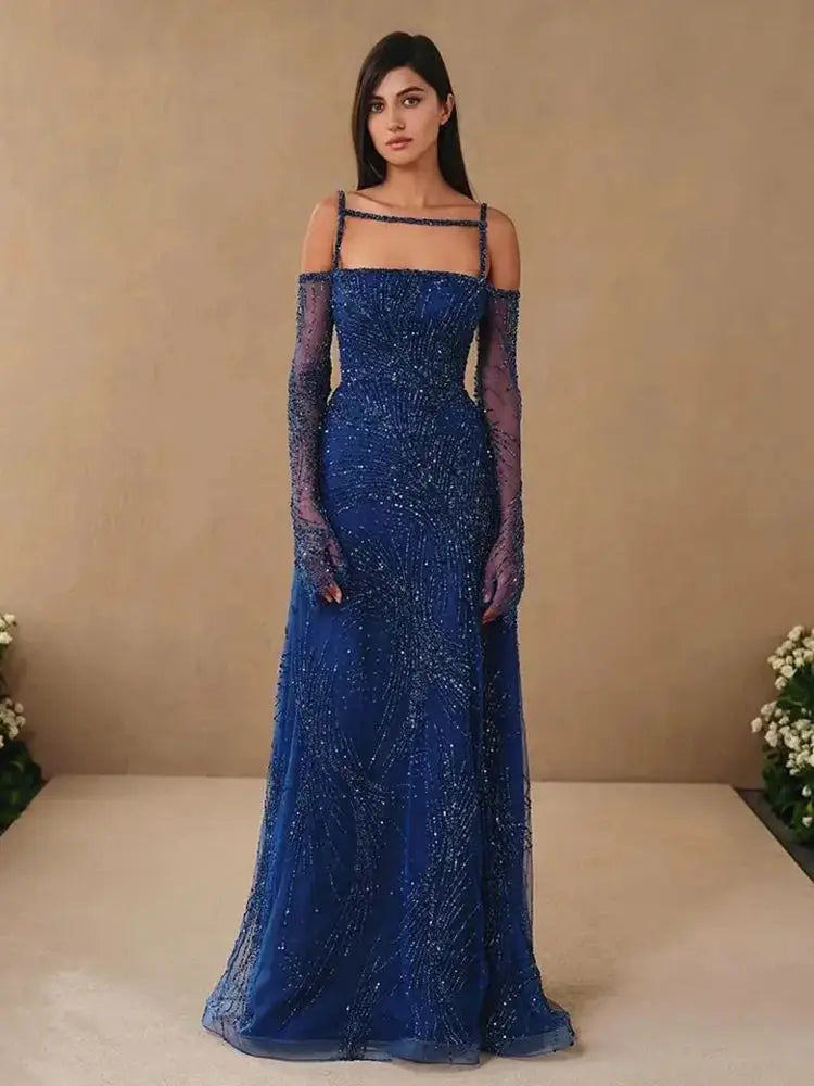 Arabic Navy Blue A-Line Spaghetti Strap Beaded Long Evening Dresses for Women Elegant Party 2025 LA72469