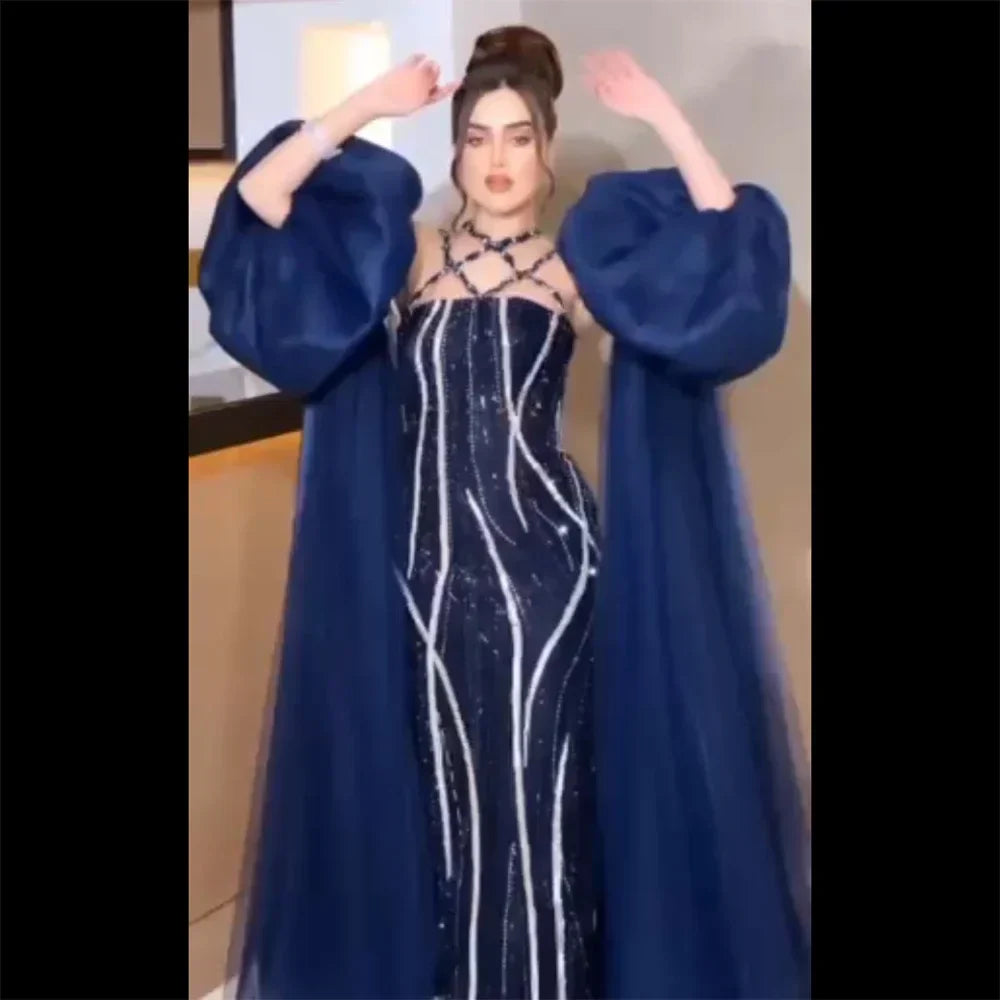 Vestidos de noche elegantes de estilo sirena, color azul marino árabe, con mangas abullonadas y bordados de lujo, estilo Dubai, para mujer, ideales para fiestas (LA72072). 