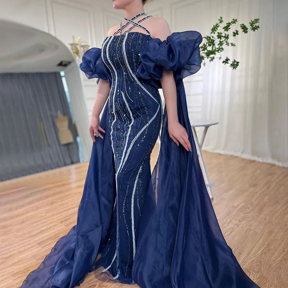 Vestidos de noche elegantes de estilo sirena, color azul marino árabe, con mangas abullonadas y bordados de lujo, estilo Dubai, para mujer, ideales para fiestas (LA72072). 