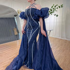 Vestidos de noche elegantes de estilo sirena, color azul marino árabe, con mangas abullonadas y bordados de lujo, estilo Dubai, para mujer, ideales para fiestas (LA72072). 