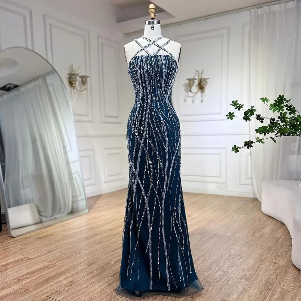 Vestidos de noche elegantes de estilo sirena, color azul marino árabe, con mangas abullonadas y bordados de lujo, estilo Dubai, para mujer, ideales para fiestas (LA72072). 