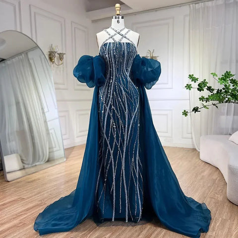 Robe de soirée élégante style sirène bleu marine, manches ballon, perles, luxueuse, Dubaï, pour femme, LA72072 