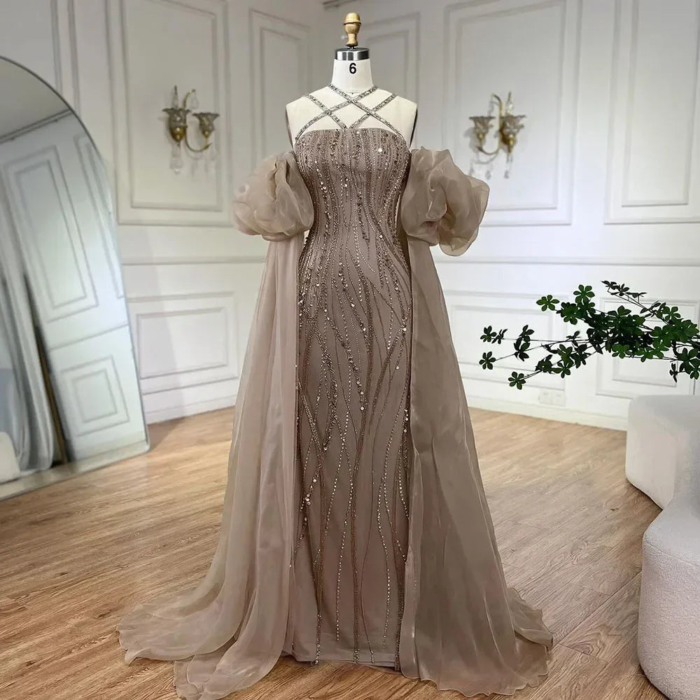 Vestidos de noche elegantes de estilo sirena, color azul marino árabe, con mangas abullonadas y bordados de lujo, estilo Dubai, para mujer, ideales para fiestas (LA72072). 