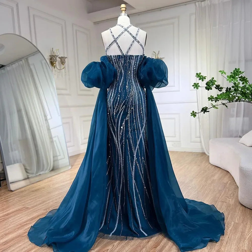 Vestidos de noche elegantes de estilo sirena, color azul marino árabe, con mangas abullonadas y bordados de lujo, estilo Dubai, para mujer, ideales para fiestas (LA72072). 