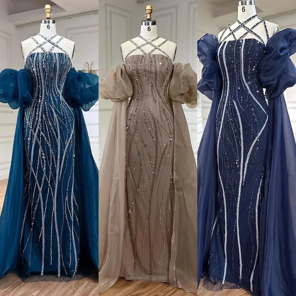 Vestidos de noche elegantes de estilo sirena, color azul marino árabe, con mangas abullonadas y bordados de lujo, estilo Dubai, para mujer, ideales para fiestas (LA72072). 