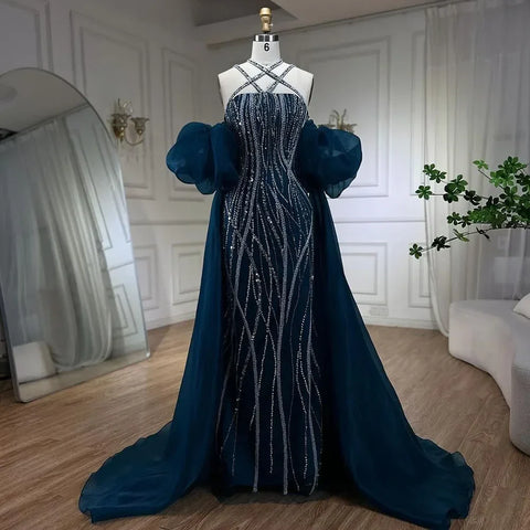 Robe de soirée élégante style sirène bleu marine, manches ballon, perles, luxueuse, Dubaï, pour femme, LA72072 