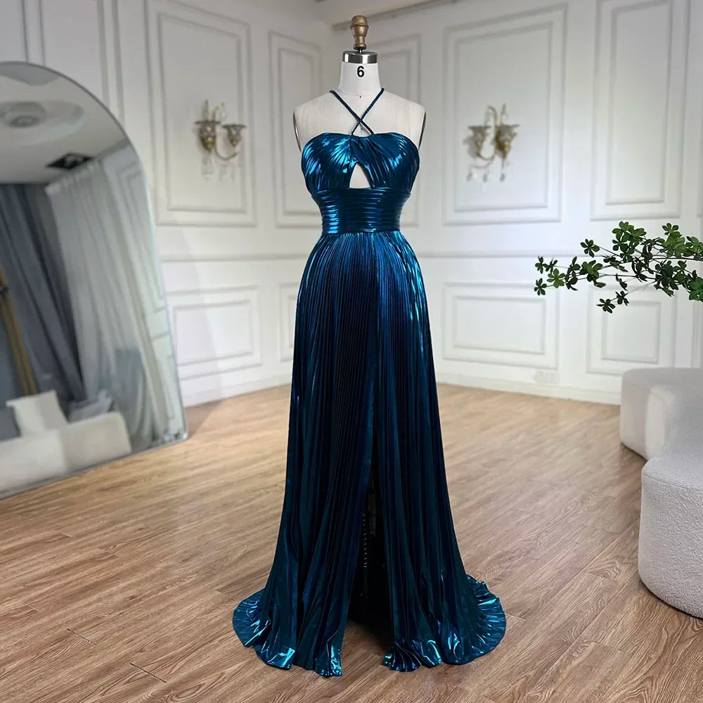 Robe de soirée sirène bleu marine à bretelles dos nu et lacets, ornée de perles, pour femme | Mariage 2025 LA72625 