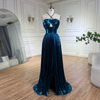 Robe de soirée sirène bleu marine à bretelles dos nu et lacets, ornée de perles, pour femme | Mariage 2025 LA72625 