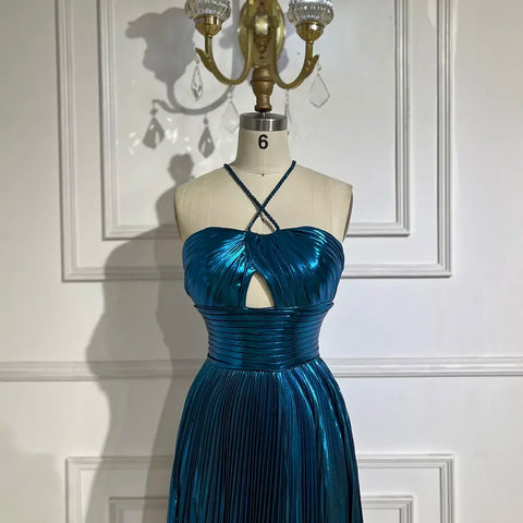 Vestido de noche de sirena con tirantes halter, espalda con cordones y cuentas, color azul marino árabe | Boda 2025 LA72625 