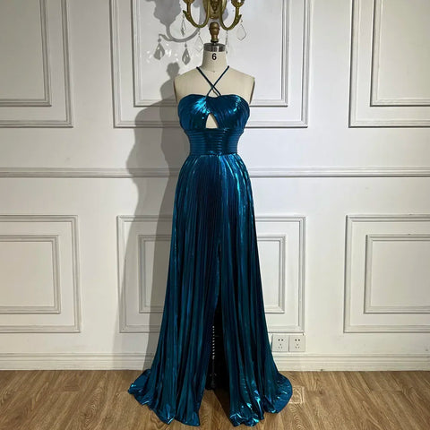 Vestido de noche de sirena con tirantes halter, espalda con cordones y cuentas, color azul marino árabe | Boda 2025 LA72625 