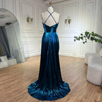 Robe de soirée sirène bleu marine à bretelles dos nu et lacets, ornée de perles, pour femme | Mariage 2025 LA72625 