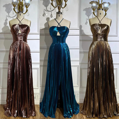 Vestido de noche de sirena con tirantes halter, espalda con cordones y cuentas, color azul marino árabe | Boda 2025 LA72625 