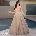Vestido de noche árabe color nude, corte en A, tirantes finos, con guantes, para bodas y fiestas de mujeres LA72363 