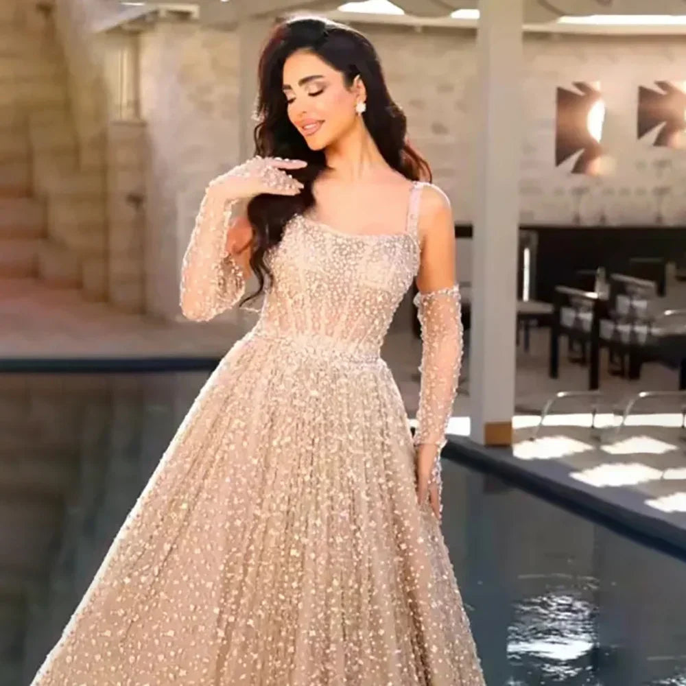 Vestido de noche árabe color nude, corte en A, tirantes finos, con guantes, para bodas y fiestas de mujeres LA72363 